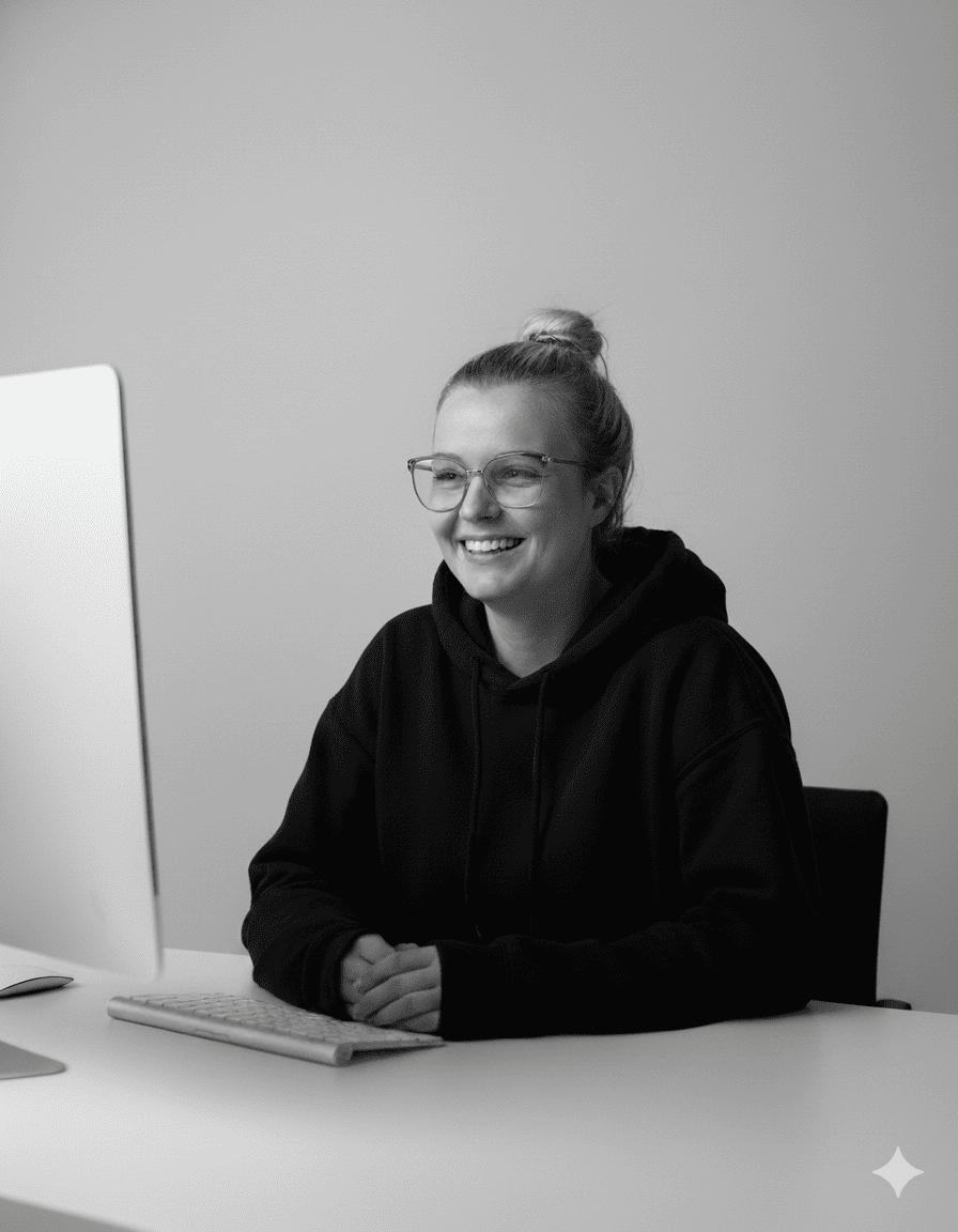 Marketer smiling at a workspace
